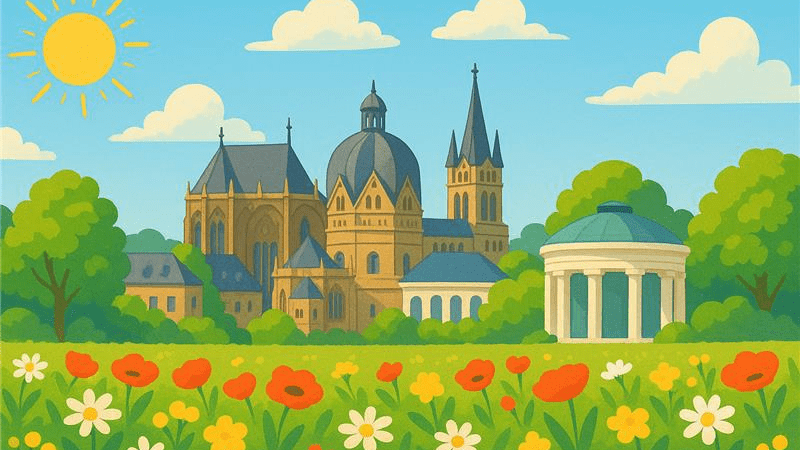 Eine mittels KI erstellte Illustration zeigt eine bunte Landschaft mit Blumen, dem Aachener Dom und Elisenbrunnen
