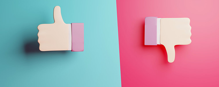 A 3D illustration of two hands giving a thumbs up and thumbs down on contrasting turquoise and pink backgrounds, symbolizing automated risk decisions and portfolio evaluation.