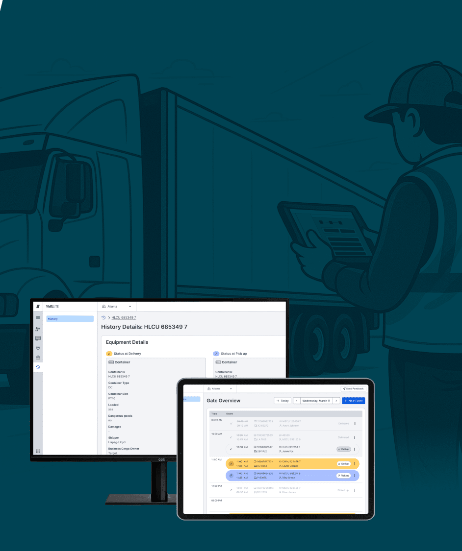 Person holding tablet displaying YMSlite software in distribution center environment with trucks and containers.