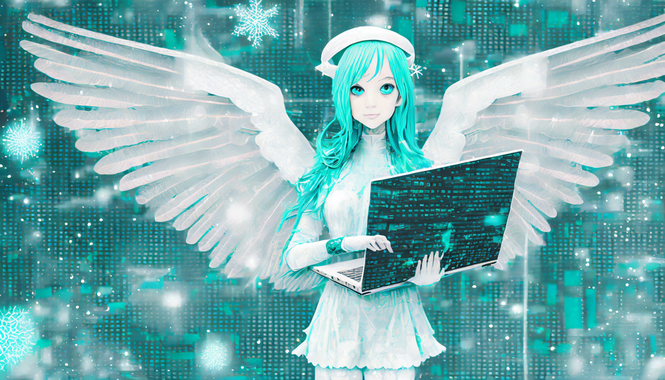 Turquoise Christmas angel holding a laptop.