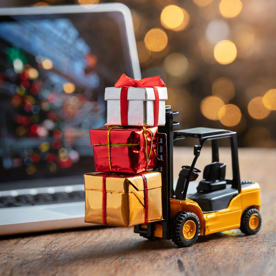 Mini toy forklift truck loaded with Christmas presents, in the background a laptop with data