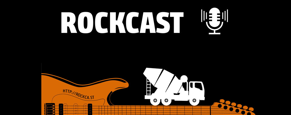 Podcast Graphic withe the Title "Rockcast" and a Cement Mixer driving on a Guitar neck