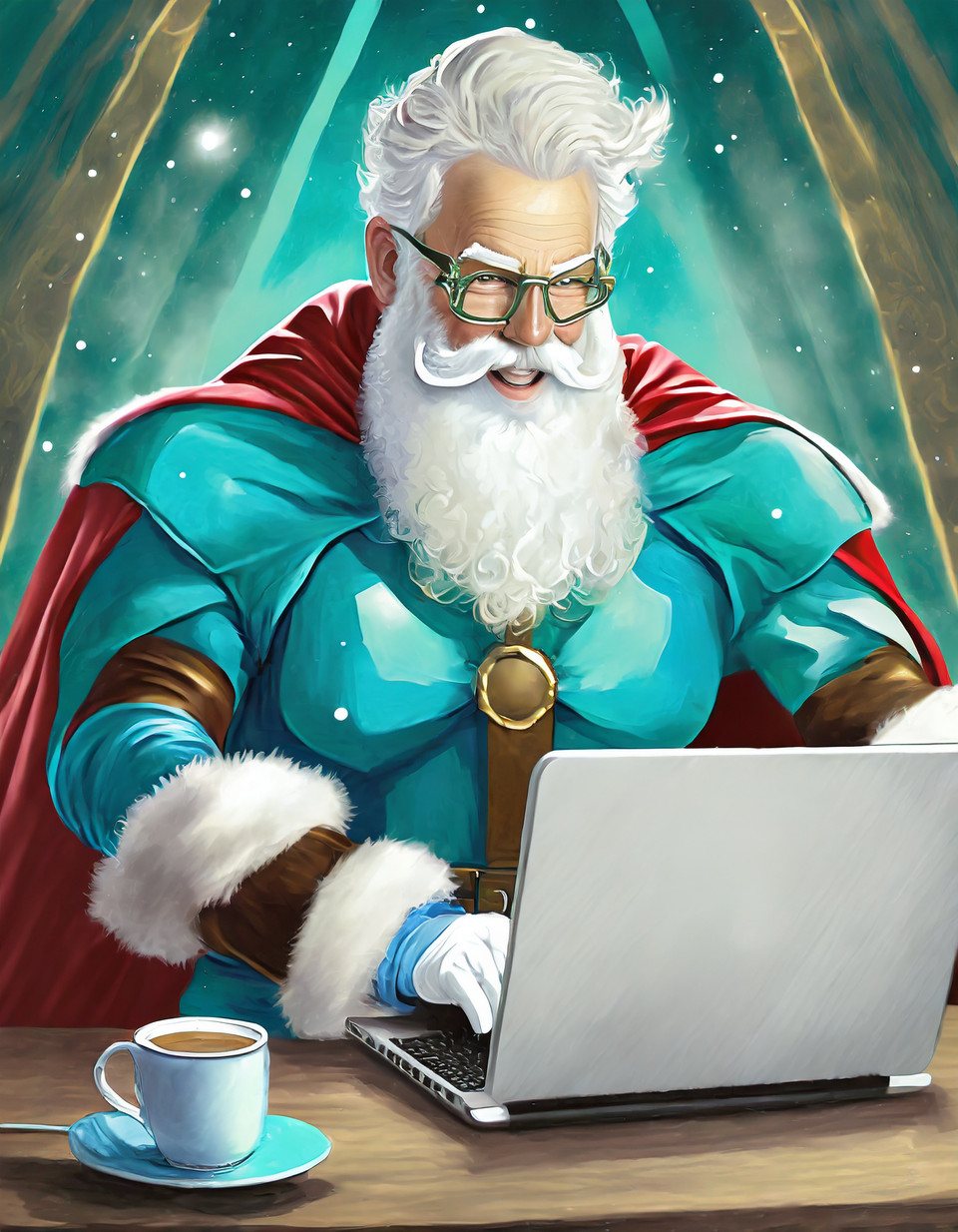 Tattooed superhero Santa Claus with turquoise cape and gloves analyzes data on a laptop