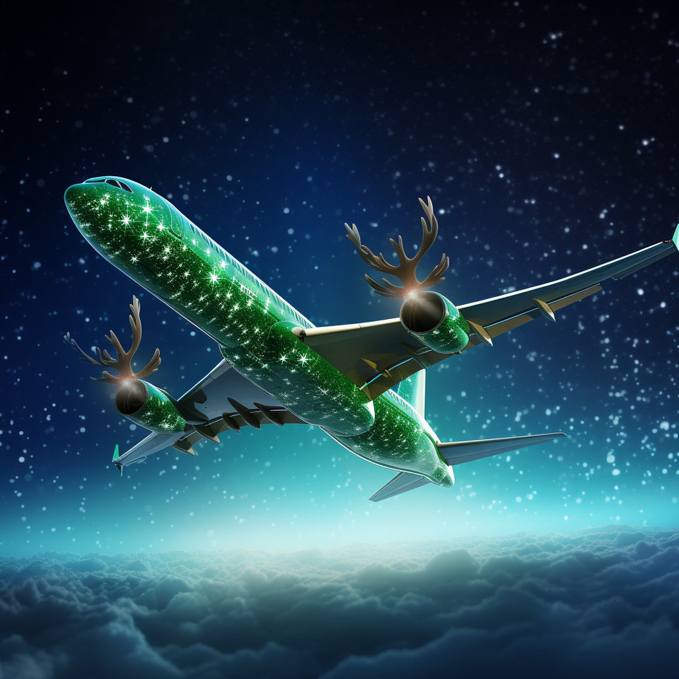 Airplane and reindeer as photo in starry sky with bright green asteroid tail in energetic composition