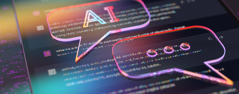Grafik mit KI-Symbolen in Sprechblasen auf einem digitalen Hintergrund aus Code und Daten.