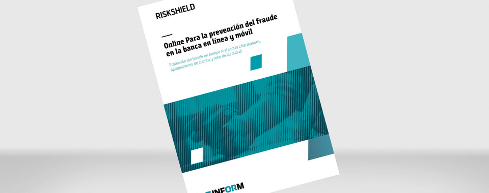 Maqueta de nuestro documento informativo "RiskShield para la prevención del fraude en la banca en línea y móvil" sobre fondo gris
