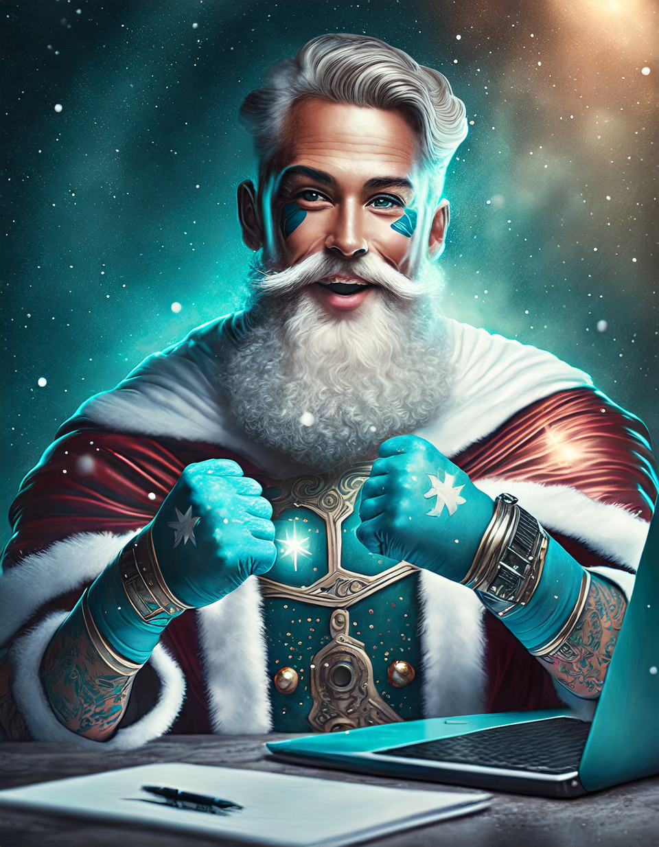 Turquoise superhero Santa Claus with tattos and white beard and gloves and cape in front of a lapotop