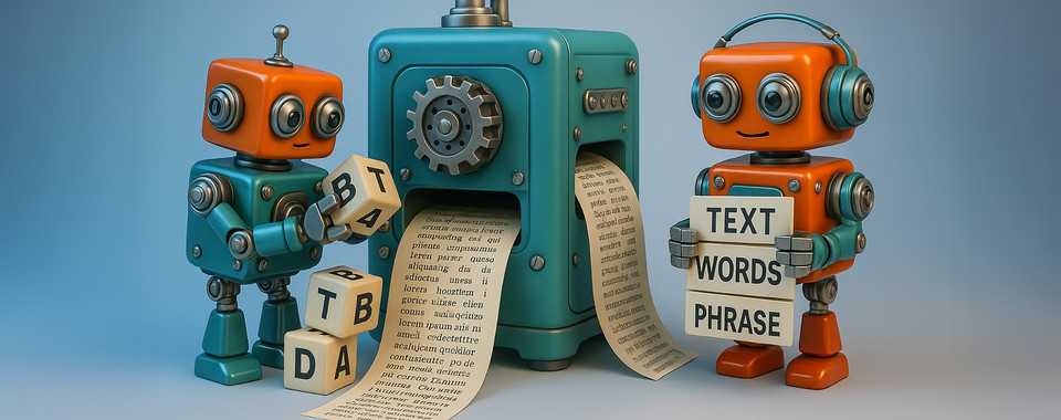 Zwei Roboter arbeiten an einer Textmaschine, die Papier mit Wörtern und Phrasen produziert.
