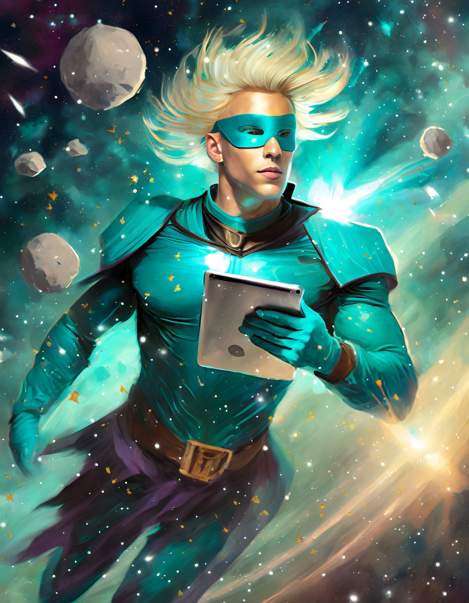 turquoise superhero consisting of ones and zeros with turquoise hair, with ipad, flies in the space