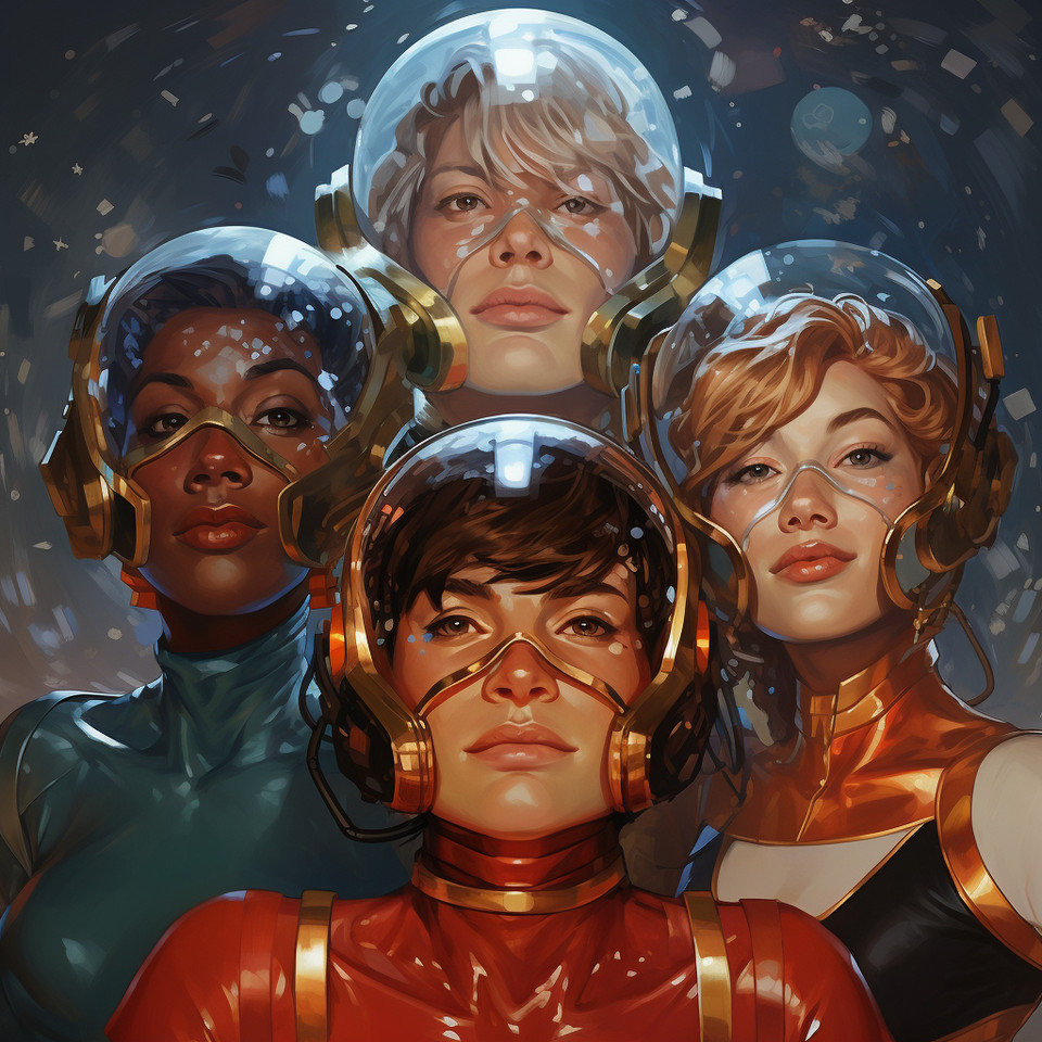 group of cheerful superheroes and superheroines, different skin and hair colors, colorful suits and capes floating in space. The group is connected by a golden link