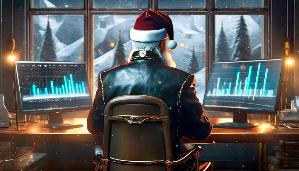 Santa Claus with white hair and coat and cap in the color turquoise from behind in front of monitors with data and windows with snowy landscape