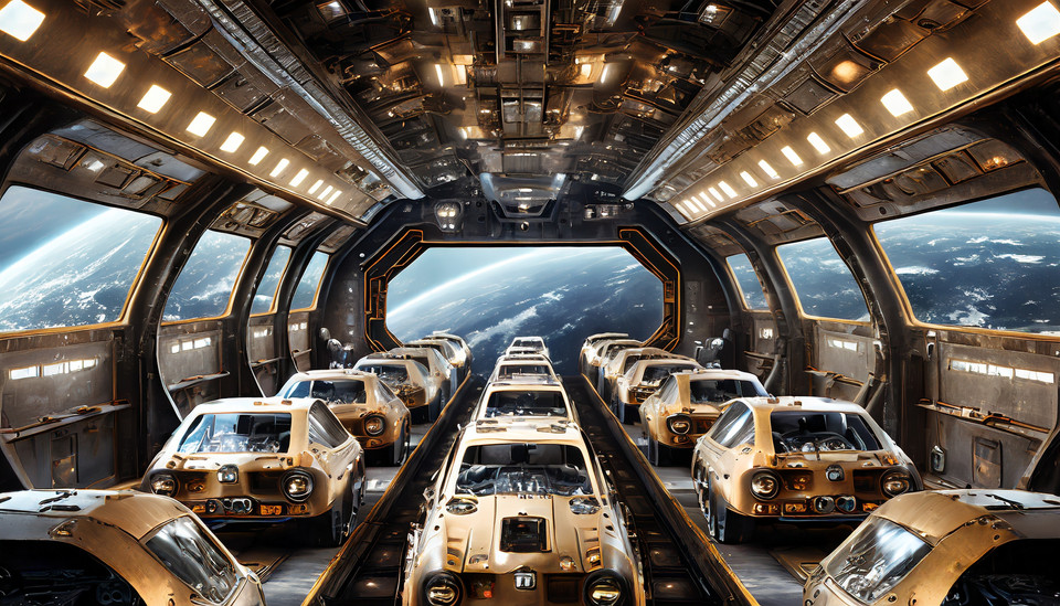 Many identical-looking cars in a large transport spaceship that has windows with a view of outer space.