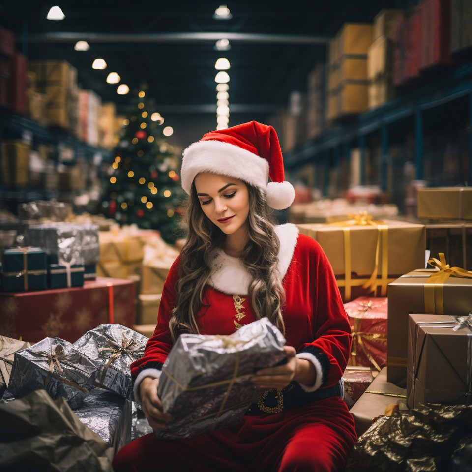 photo of miss santa claus sits in a modern big warehouse with gifts. She has a map in her hand showing the wards of the children she has to deliver to. she is a supply chain manager
