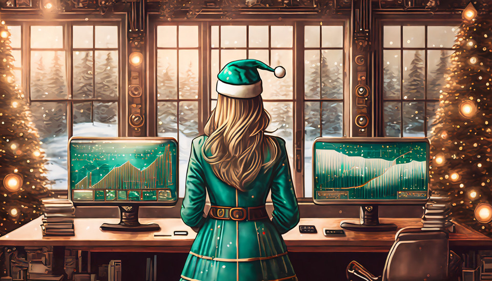 Santa Claus with white hair and coat and cap in the color turquoise from behind in front of monitors with data and windows with snowy landscape