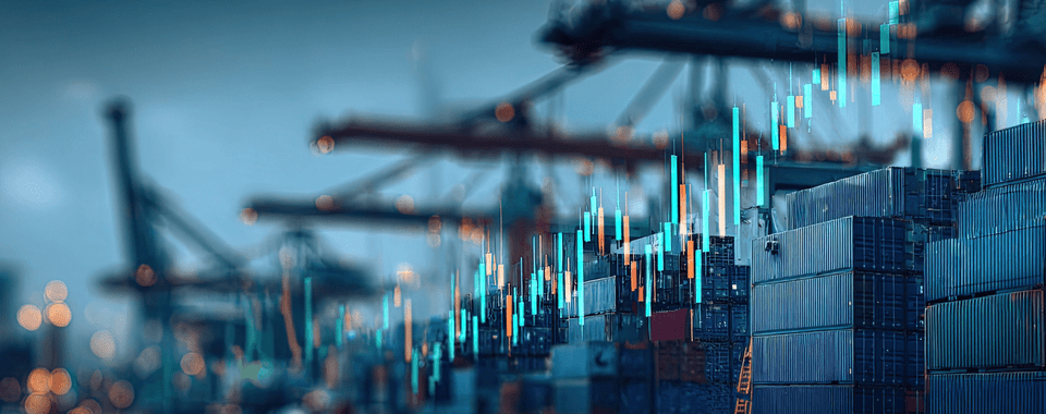 Blurred image of shipping containers with digital trading graph, symbolizing interconnection through data.