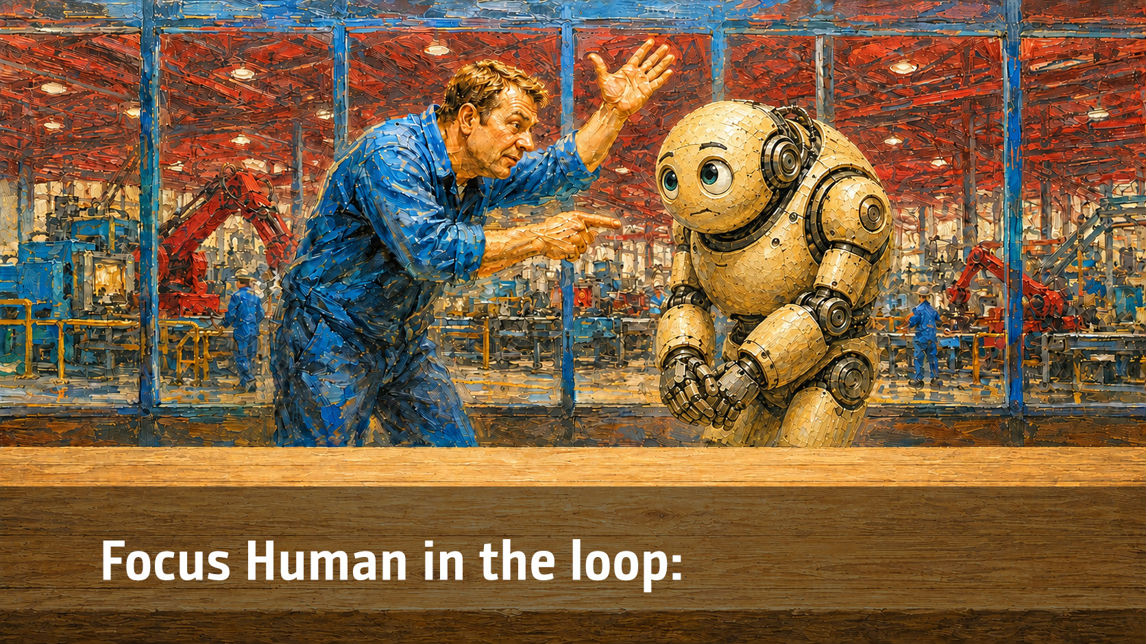 A person is explaining something to a robot in a factory hall, with machines in the background.