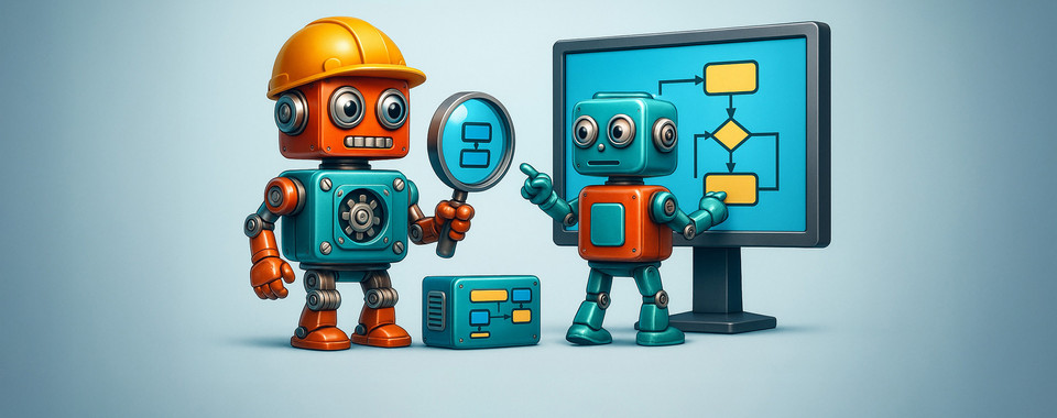 Zwei bunte Roboter mit Bauhelm und Lupe, die an einem Computerdiagramm arbeiten und Lösungen analysieren.