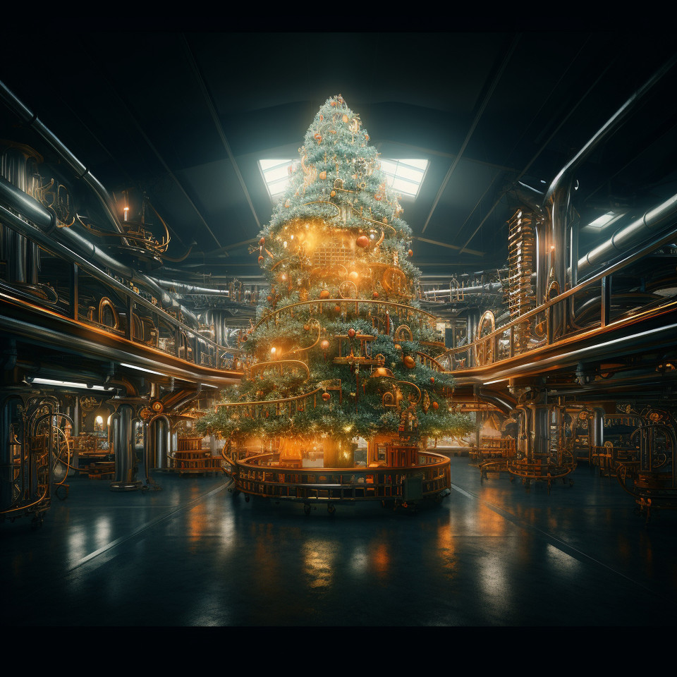 modern machine warehouse, lean design assembly lines ::3, natural lighting, turquoise windows, cinematic, wonderful christmas tree