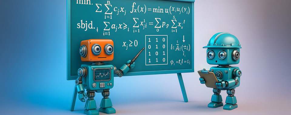 Vier bunte Roboter mit Werkzeug und Büchern, stehen kreativ in Gruppenformation auf einem sanften blauen Hintergrund.