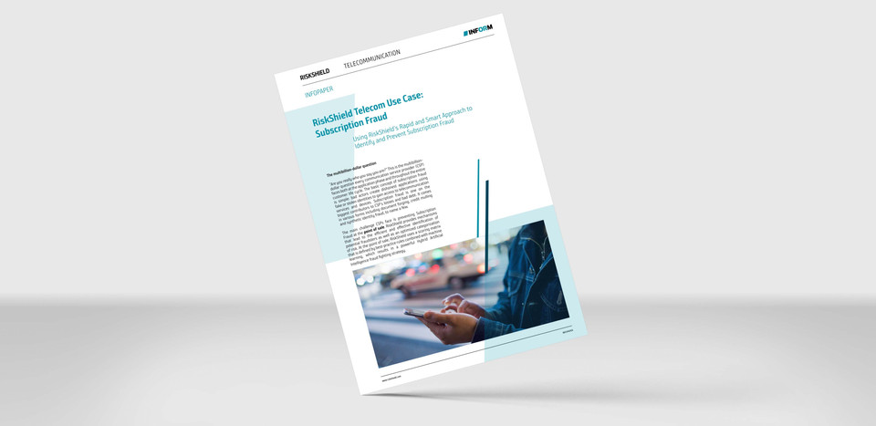 Mockup of our info paper "Telecom Use Case: Sucscription Fraud" on a grey background