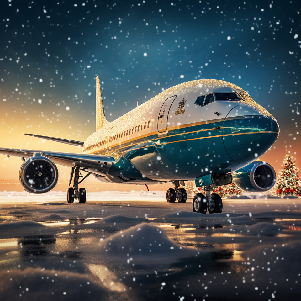 photo of a modern turqouise boeing dreamline with falling snow, santa claus is sitting on the wing, golden hour