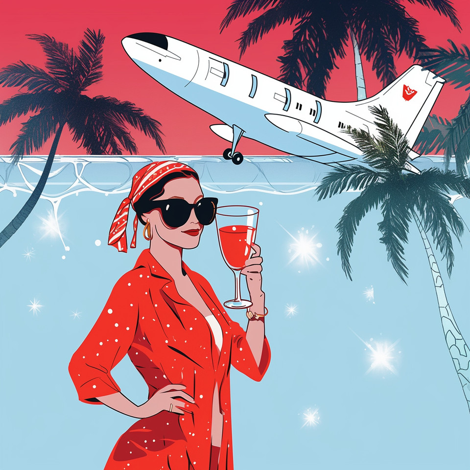 photo of miss santa claus with sunglasses and cocktaildrink infront of a palmtree and pool on a tropic island, a modern airplane flying over her –niji