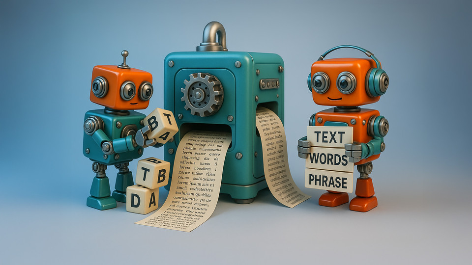 Two colorful robots at a machine, creating text, words, and phrases from paper in a playful, creative scene.