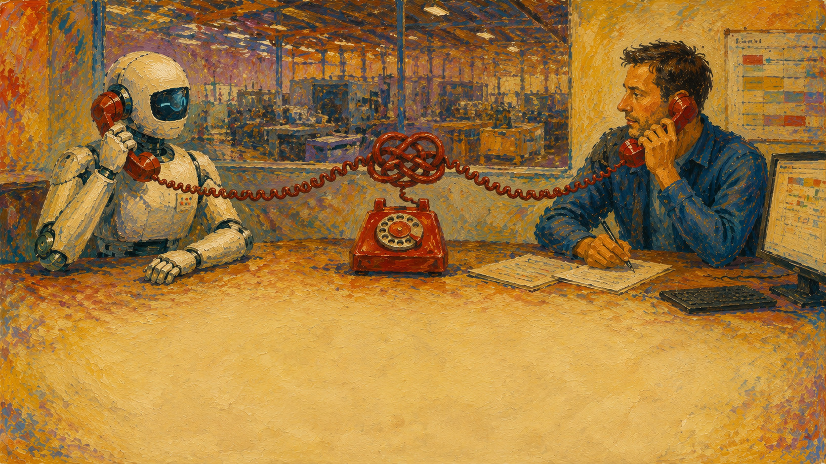 A robot and a man are talking on the phone in a modern office, symbolizing communication and technology.
