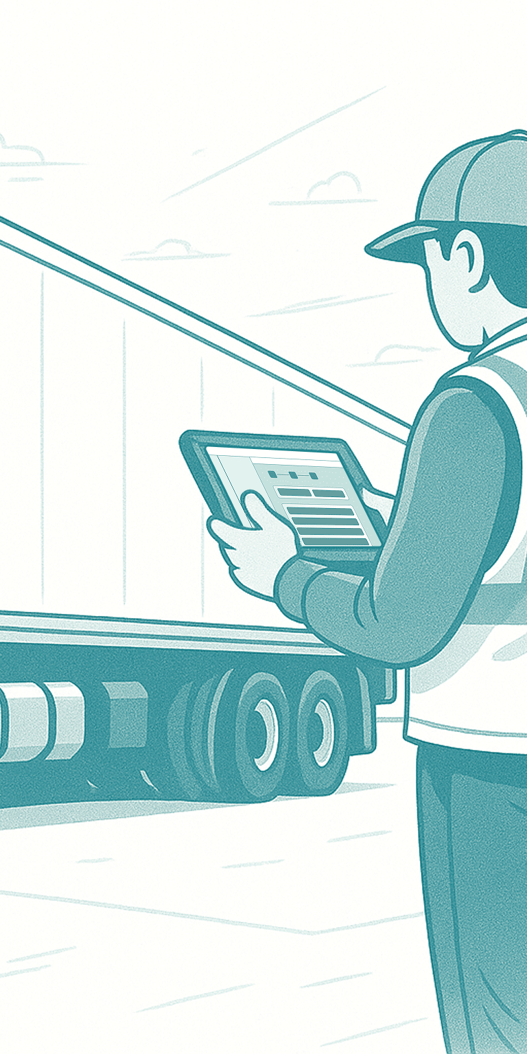 Person holding tablet displaying YMSlite software in distribution center environment with trucks and containers.