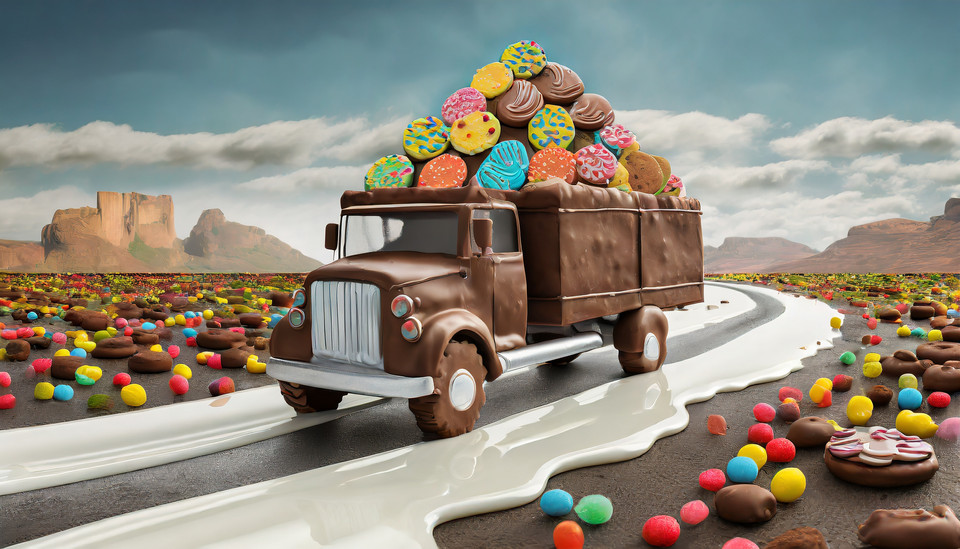 Firefly A truck made of chocolate loaded with colorful cookies on a road made of milk
