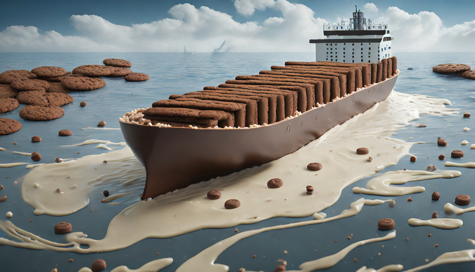 Firefly A container ship made of chocolate in a harbor made of cookies in a sea of milk