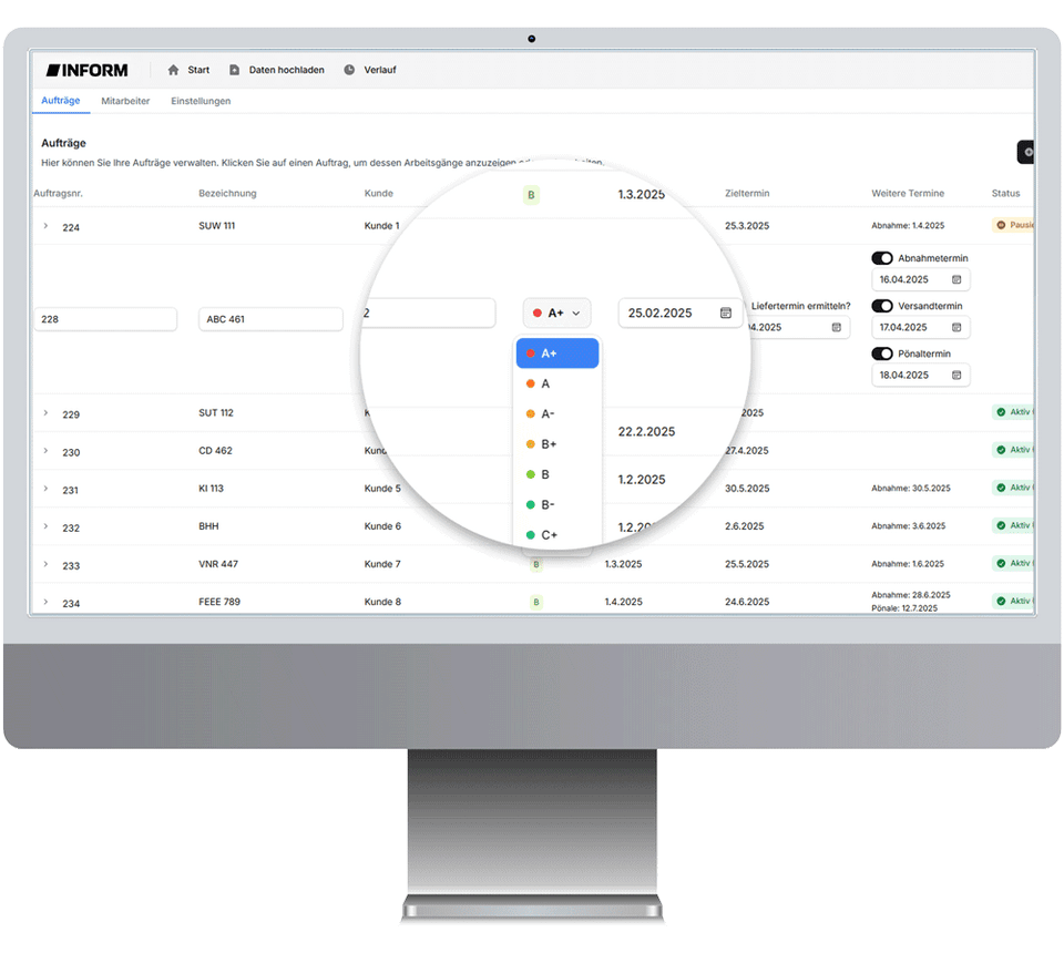 Priorisierung eines Montageauftrags im Simple Planner mit Anzeige der Terminauswirkungen