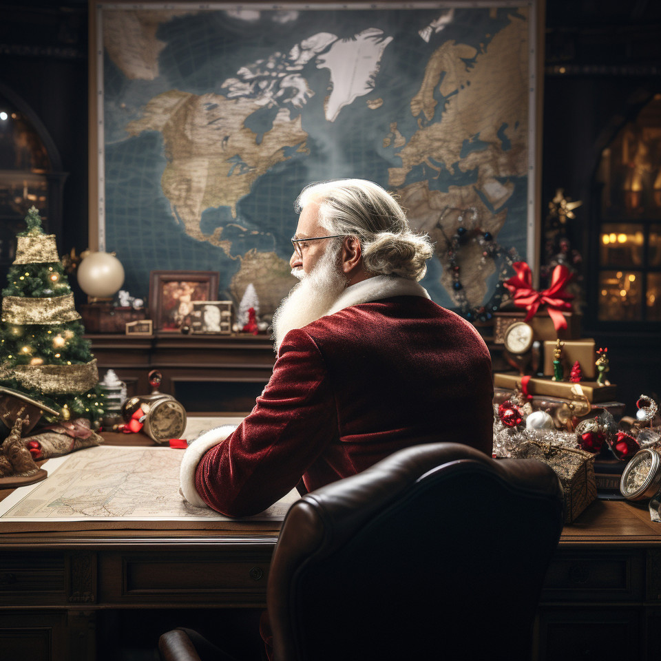 photo of modern santa claus sits at a desk with his back to the camera, in front of him a world map showing him where he has to deliver the presents for the children at christmas. He is a supply manager