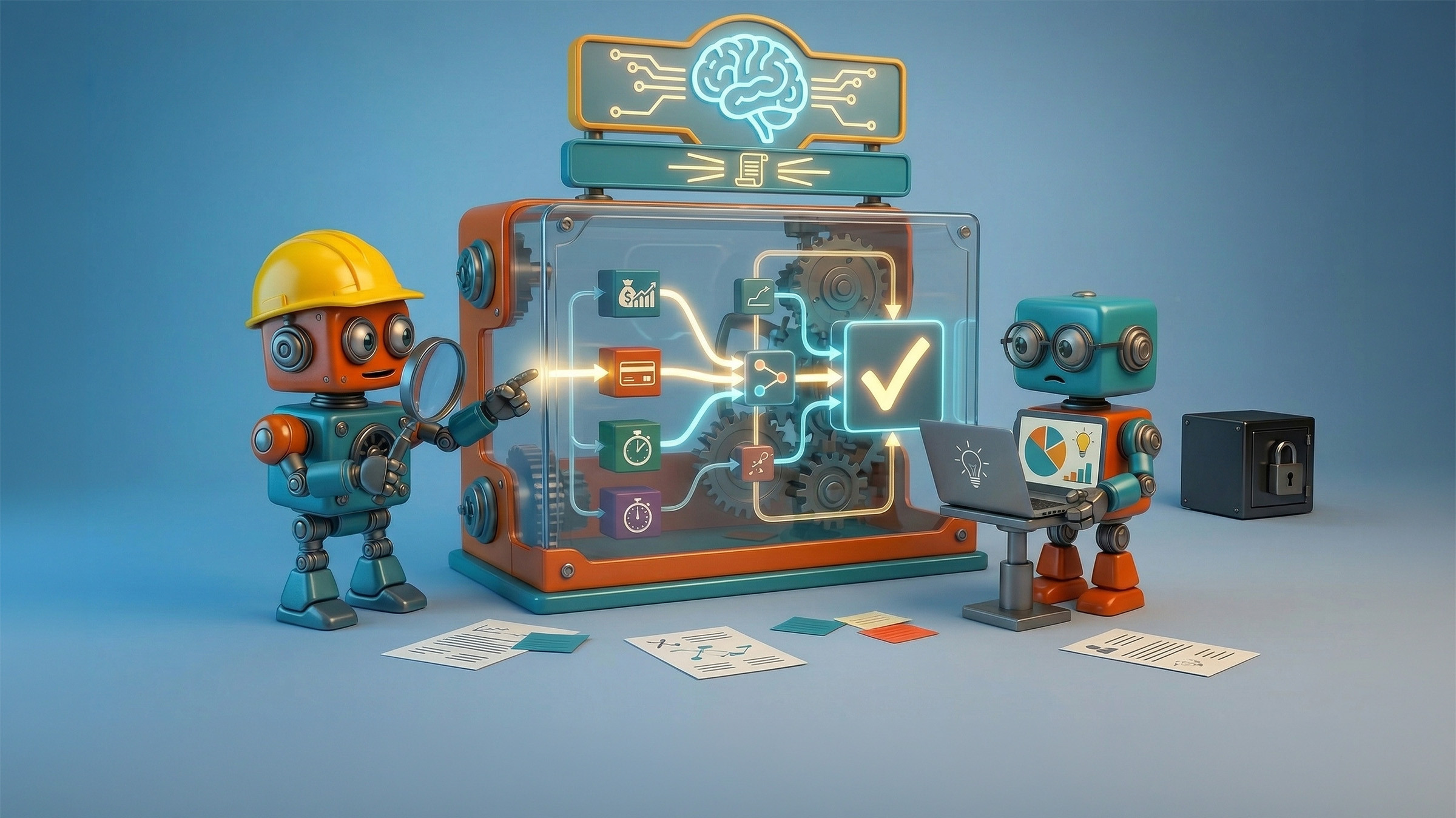 Two robots observe a transparent AI with visible decision-making processes.