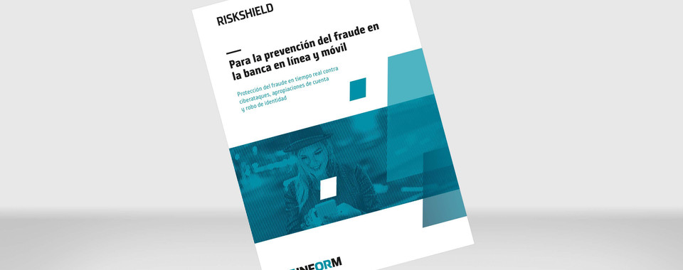 Maqueta de nuestro documento informativo "RiskShield para la prevención del fraude en la banca en línea y móvil" sobre fondo gris