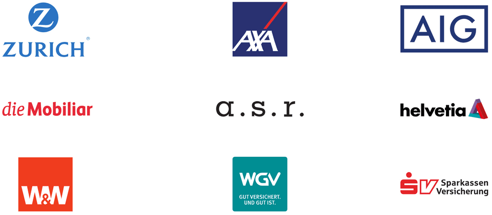 Overview of the customer logos of RiskShield references in the insurance industry