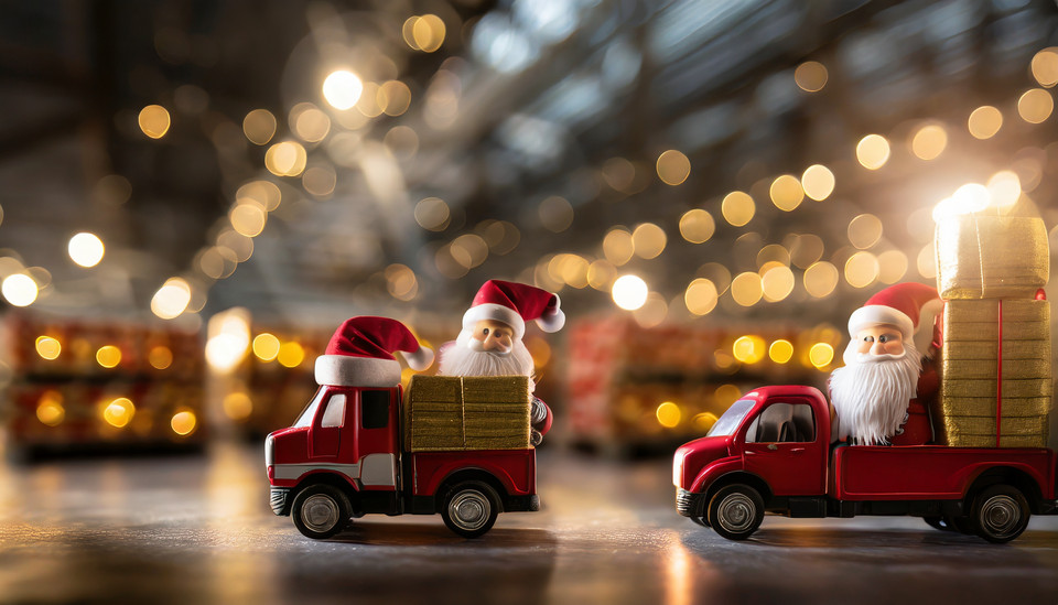 Colorful Christmas trucks deliver to Santa's large warehouse