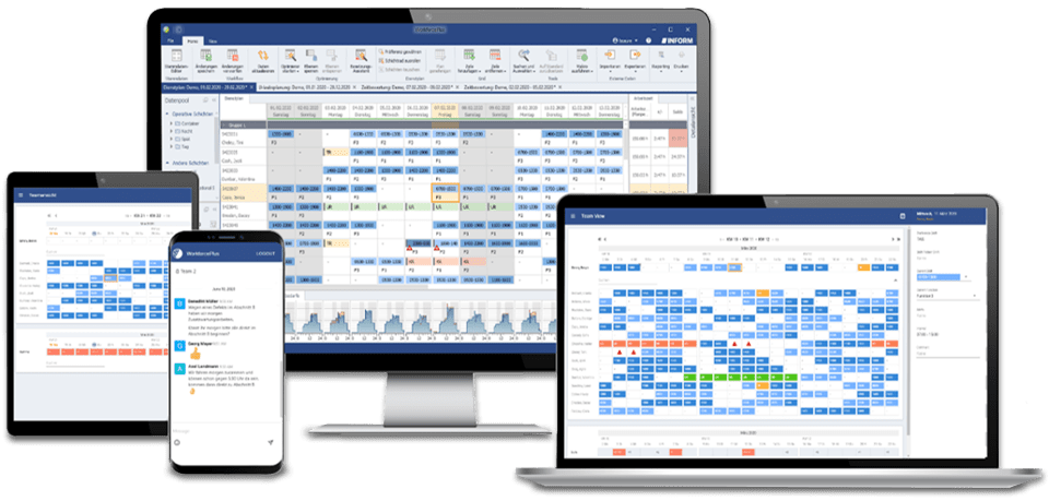 Mehrere Geräte zeigen die Software WORKFORCEPLUS zur Mitarbeitereinsatzplanung mit übersichtlichen Zeitplänen und Funktionen.