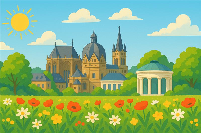 Eine mittels KI erstellte Illustration zeigt eine bunte Landschaft mit Blumen, dem Aachener Dom und Elisenbrunnen