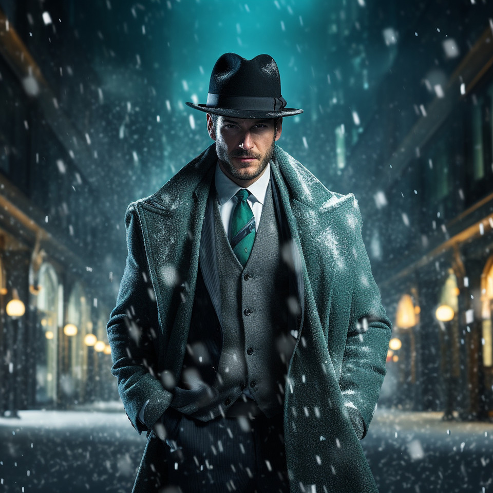 Fraud Fighter Detective with turquoise Trenchcoat and grey bowler hat standing in softly falling snow infront of modern skyline with more christmas decoration