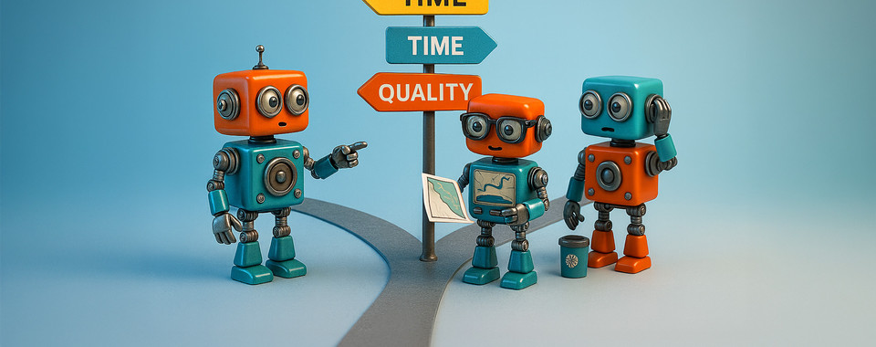 Three colorful robots discuss choices at a crossroads signpost labeled Time and Quality in a playful setting.