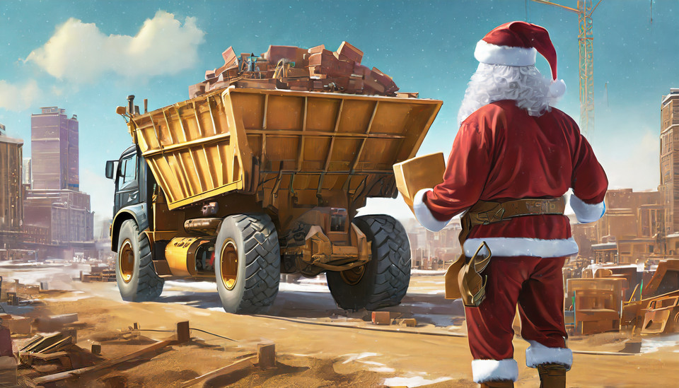 Dump truck with building materials drives to Santa's construction site. Santa from behind as a construction worker instructing the truck