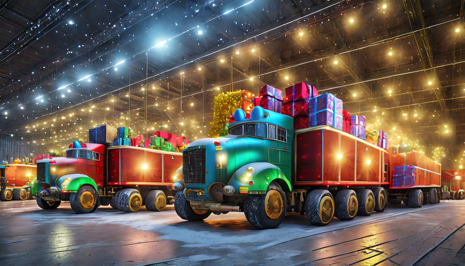 Colorful futuristic trucks bring many colorful gifts to a large Christmas camp