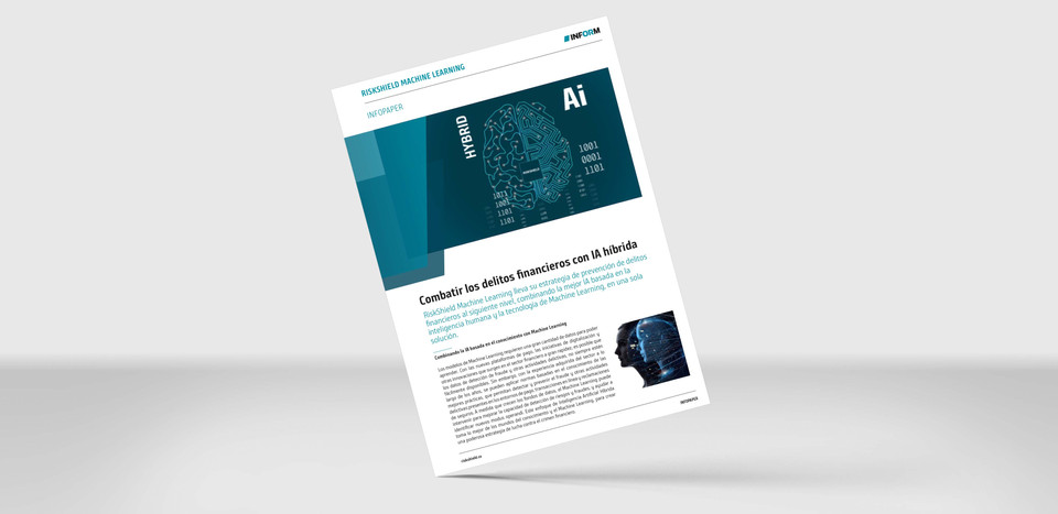 Maqueta de nuestro documento informativo "Combatir los delitos financieros con IA híbrida" sobre fondo gris