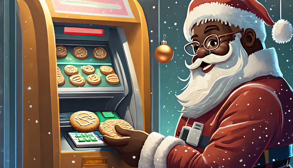 Santa withdraws cookies in the form of money from an ATM made of chocolate and whipped cream