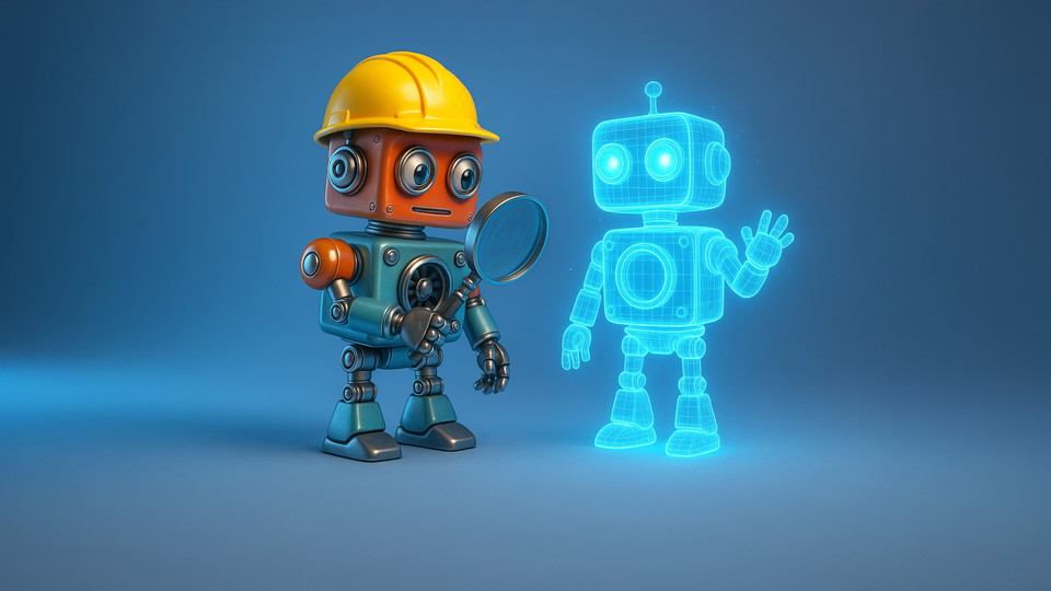 Bunter Roboter mit Lupe und holographischem Roboter, der freundlich winkt, vor blauem Hintergrund.