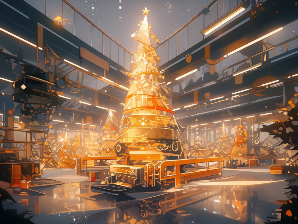 modern machine warehouse, lean design assembly lines ::3, natural lighting, turquoise windows, cinematic, wonderful christmas tree