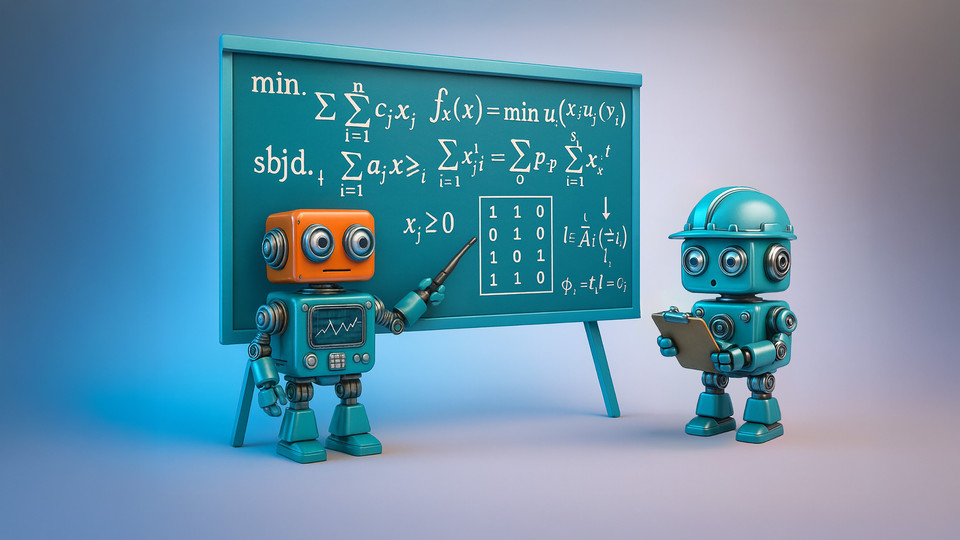 Two colorful robots discussing mathematical concepts on a chalkboard in a futuristic classroom setting.