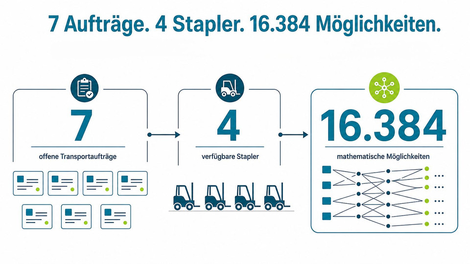 Grafik: 7 Transportaufträge und 4 Stapler ergeben 16.384 mögliche Zuordnungen