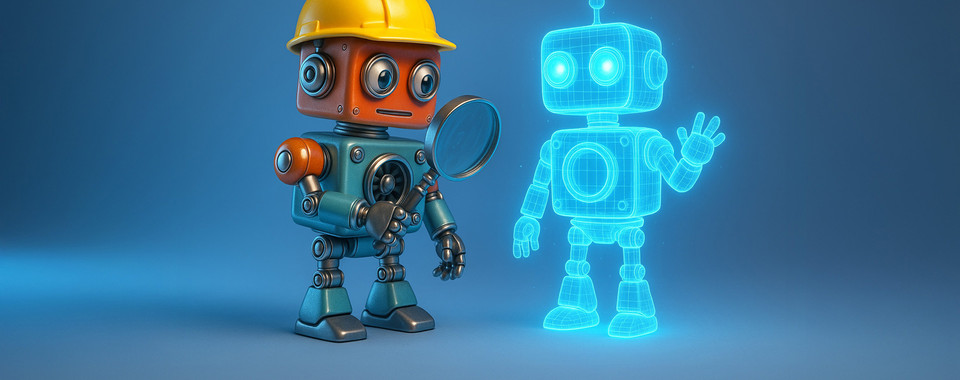 Bunter Roboter mit Lupe und holographischem Roboter, der freundlich winkt, vor blauem Hintergrund.